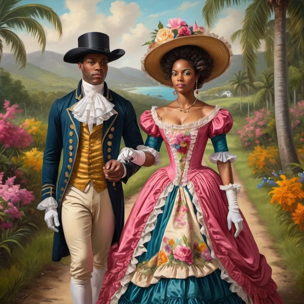 Prompt: an 18th century aristocratic african american couple in elaborate colorful victorian style clothing walking on plantation era lush Virgin Islands outskirts, in the style of oil painting close up with their hands hidden. add flowers to the fabric of her dress 


