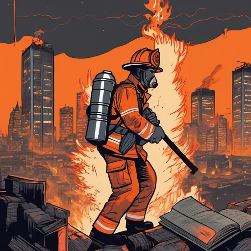 Prompt: a mean and menacing firefighter in an orange and grey uniform lighting a match and throwing it onto a pile of books during midnight with a neon landscape of a dystopian city