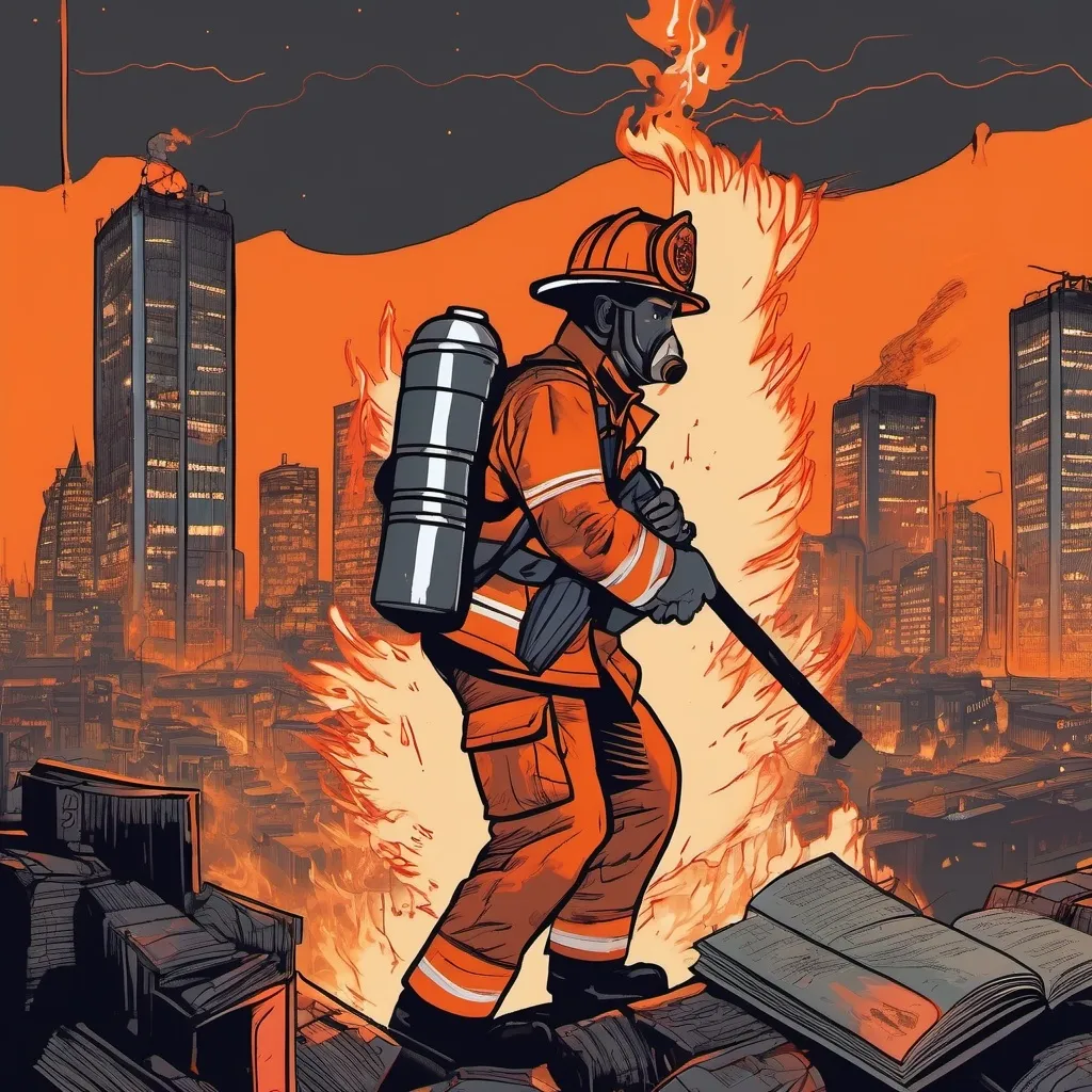 Prompt: a mean and menacing firefighter in an orange and grey uniform lighting a match and throwing it onto a pile of books during midnight with a neon landscape of a dystopian city