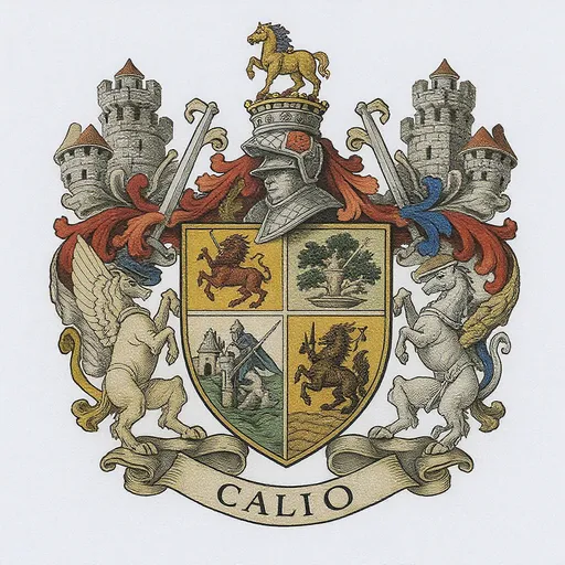 Prompt: A medieval coat of arms with knights and castles