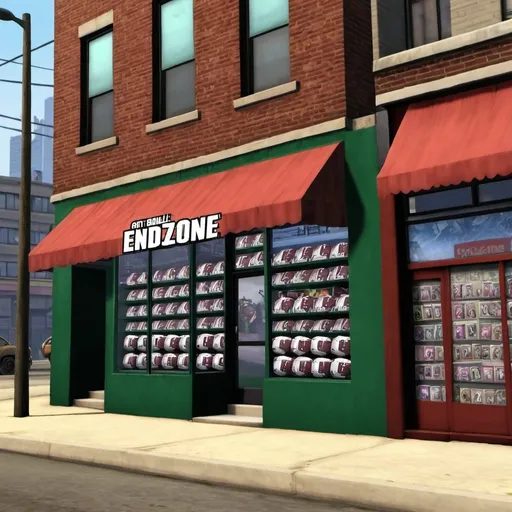 Prompt: gta football card shop on the street titled Endzone
