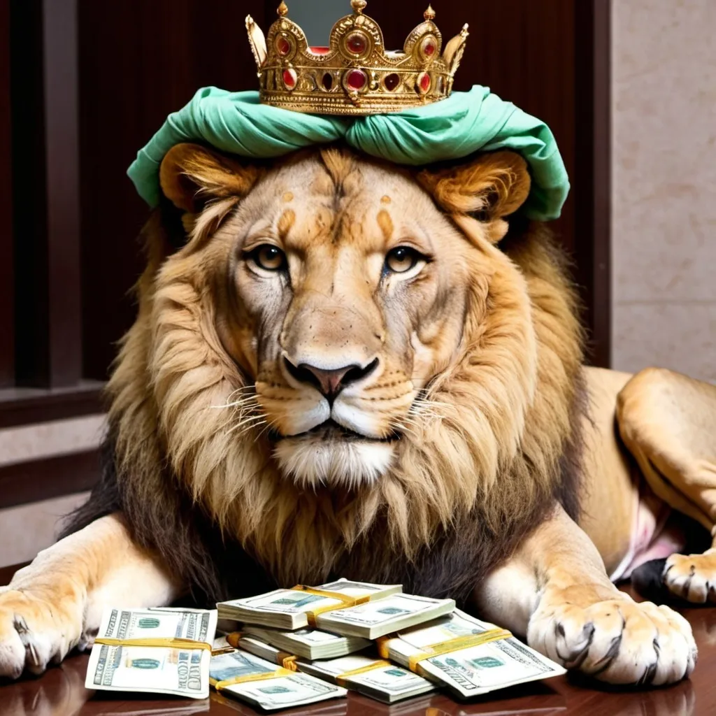 Prompt: A lion with 100 crores cash on head