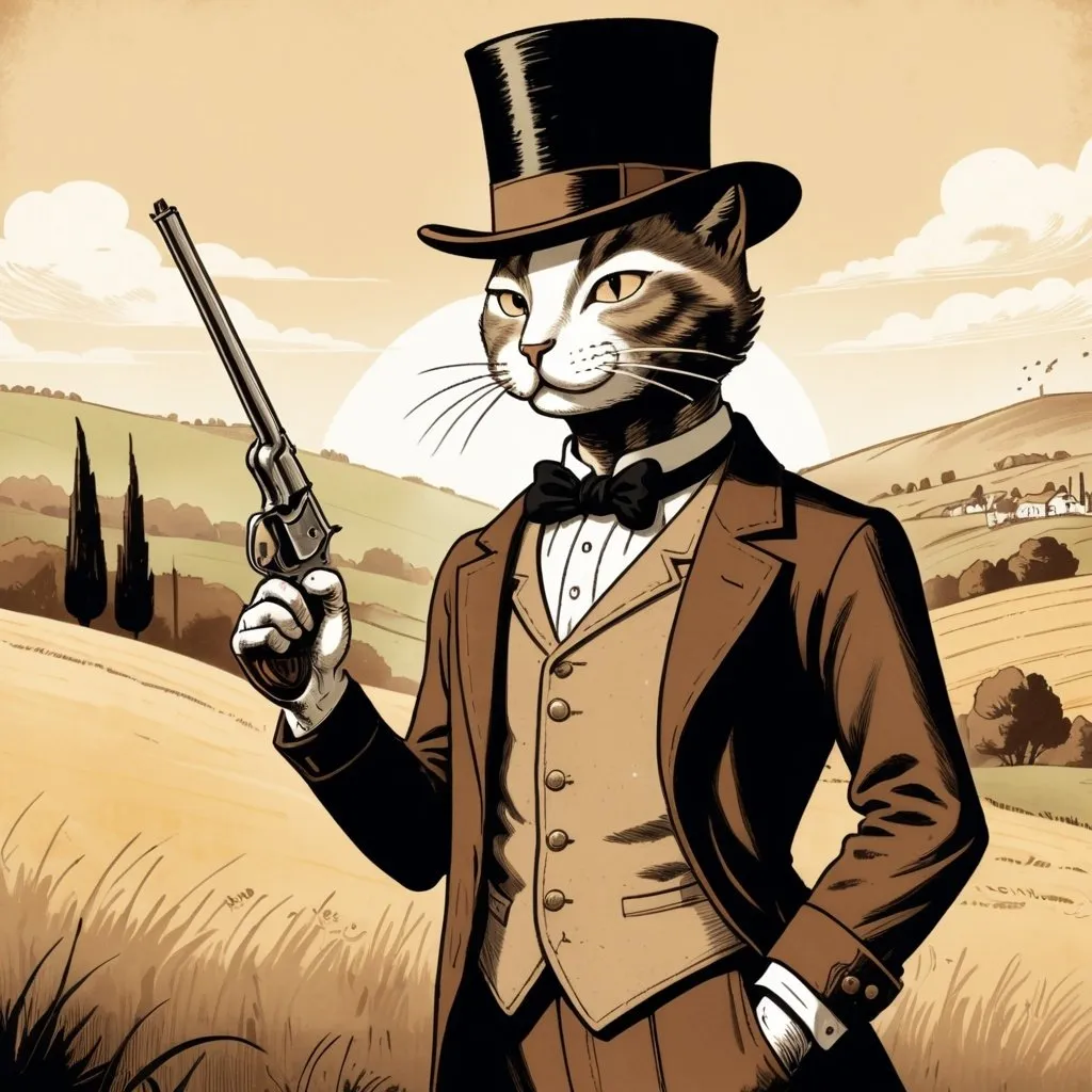 Prompt: Tintin-style illustration of a suave cat, standing upright, wearing a dapper top hat, holding a vintage revolver, sepia-toned vintage aesthetic, European countryside setting with rolling hills, detailed whiskers and expressive eyes, high quality, detailed linework, vintage, sepia tones, dapper, countryside, detailed eyes, professional, vintage lighting