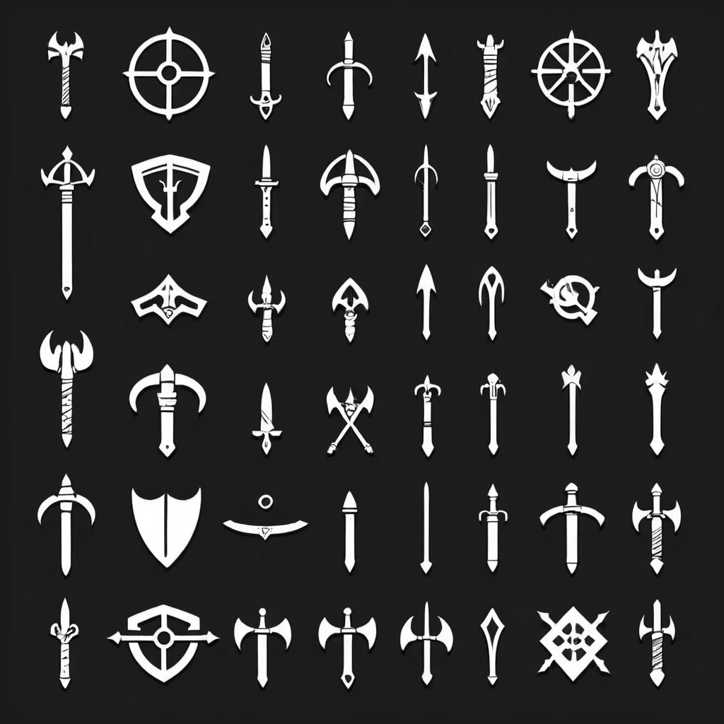 Prompt: I need a weapon icons which only black and white colors. crossbow, longbow, dagger, greatsword, sword and shield, wand, staff