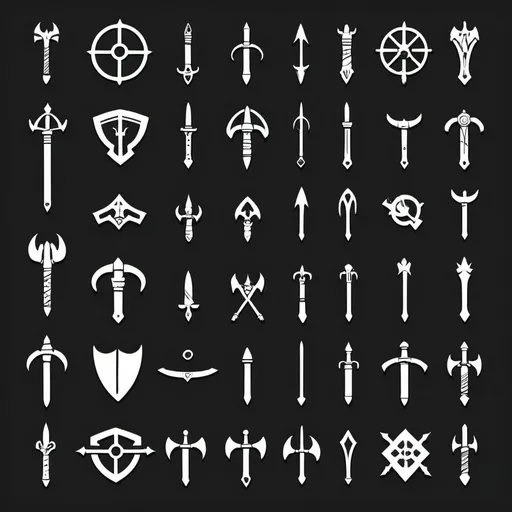 Prompt: I need a weapon icons which only black and white colors. crossbow, longbow, dagger, greatsword, sword and shield, wand, staff