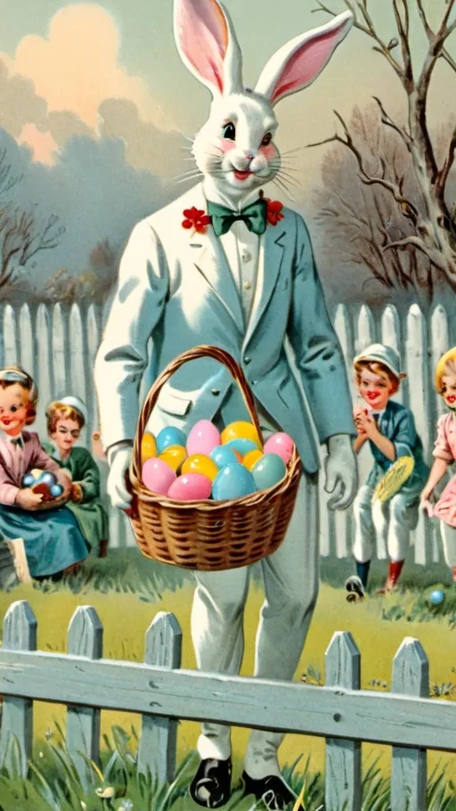 Prompt: vintage illustration of white Easter bunny with basket full easter eggs, pastel colors, fence