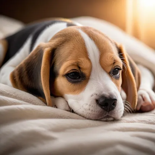 Prompt: (cute beagle puppy sleeping), serene and peaceful ambiance, soft fur details, warm light illuminating, cozy room setting, gentle shadows, high-quality image, ultra-detailed, vibrant colors, calm atmosphere, emphasis on the adorable expression, fluffy bedding, and the tranquility of sleep, evokes feelings of tenderness and comfort.