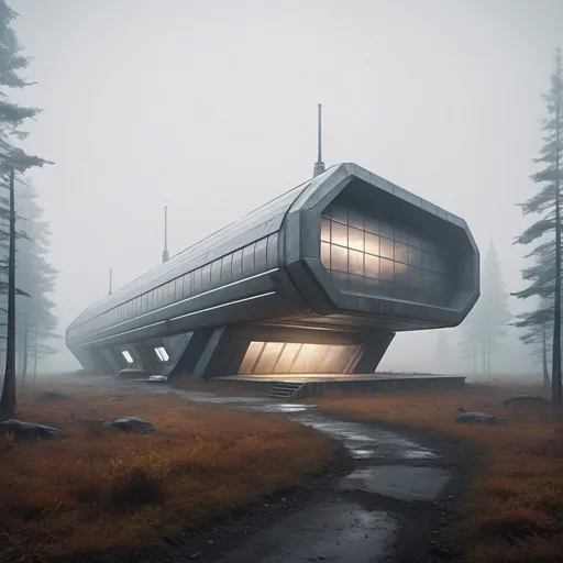 Prompt: ultra realistic futuristic liner kind of lab building very secluded in the middle of nowhere with fog 