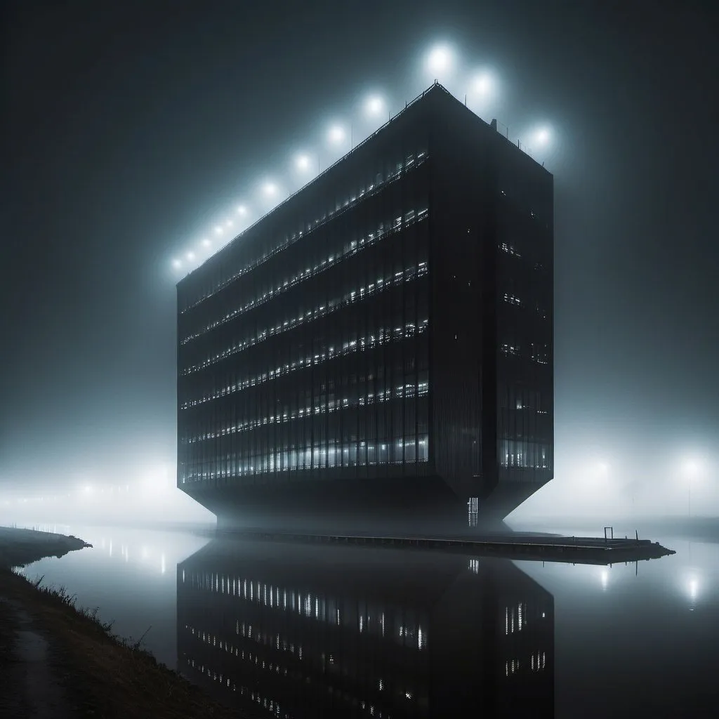 Prompt: very dark ambient futuristic linear building with dark lights and a lot of fog around. right next to a river wich we barely see because of the fog and you can't possibly tell where it is, so secluded from the outside world