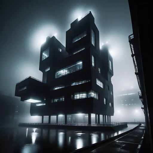 Prompt: very dark ambient futuristic building with odd shapes and corners with dark lights and a lot of fog around. right next to a river wich we barely see because of the fog and you can't possibly tell where it is, so secluded from the outside world