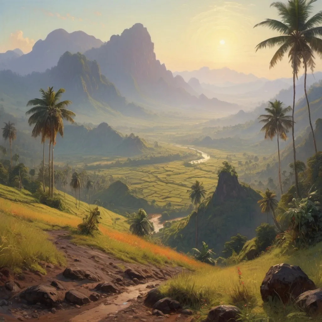 Prompt: style of (Ilya Repin), Indonesia Java Island tropical landscape, beautiful valley with mountains on each side, morning sun, vast and luminous, luminism, realism, romanticism, insane detail, highly detailed, warm colors, warm lighting