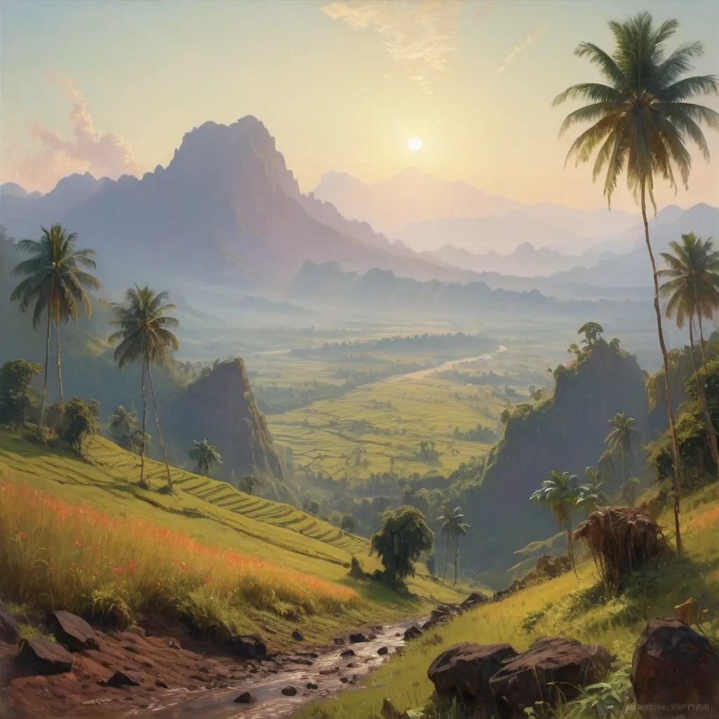 Prompt: style of (Ilya Repin), Indonesia Java Island tropical landscape, beautiful valley with mountains on each side, morning sun, vast and luminous, luminism, realism, romanticism, insane detail, highly detailed, warm colors, warm lighting