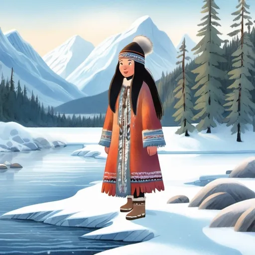 Prompt: A young alaskan native girl on the frozen tundra with long black hair wearing traditional clothing fur coat fur hat and mukluks walking with snowy mountains, an icy river and snowy spruce trees in the background 