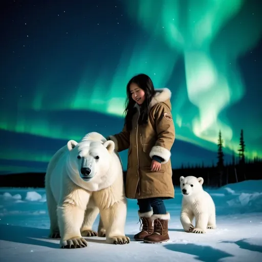 Prompt: A young alaskan native girl with long black hair wearing traditional clothing parka and mukluks playing under the northern lights with a polar bear cub companion 