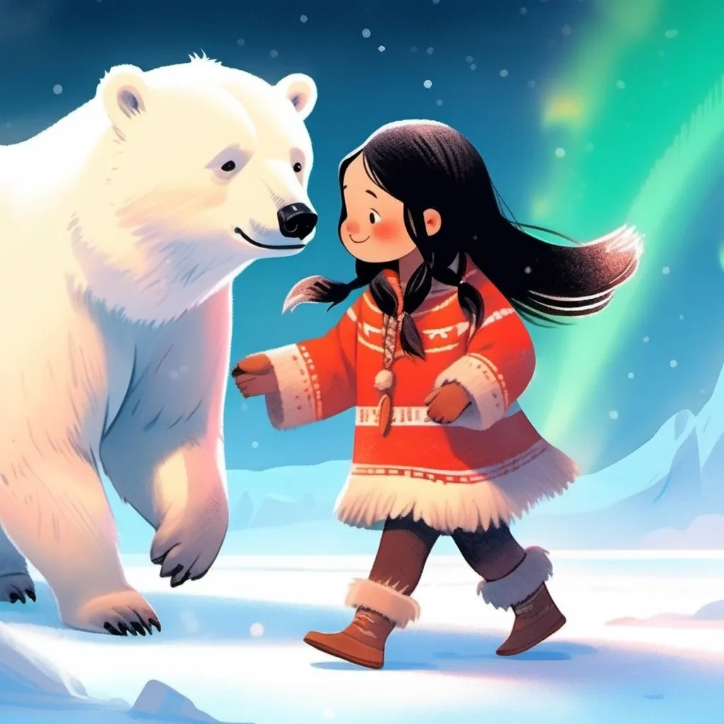 Prompt: A young alaskan native girl with long black hair wearing traditional clothing parka and mukluks running under the northern lights with a polar bear cub companion 