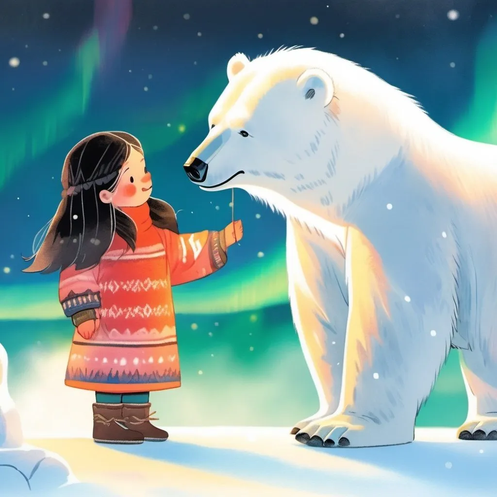 Prompt: A young alaskan native girl with long black hair wearing traditional clothing parka and mukluks playing under the northern lights with a polar bear cub companion 