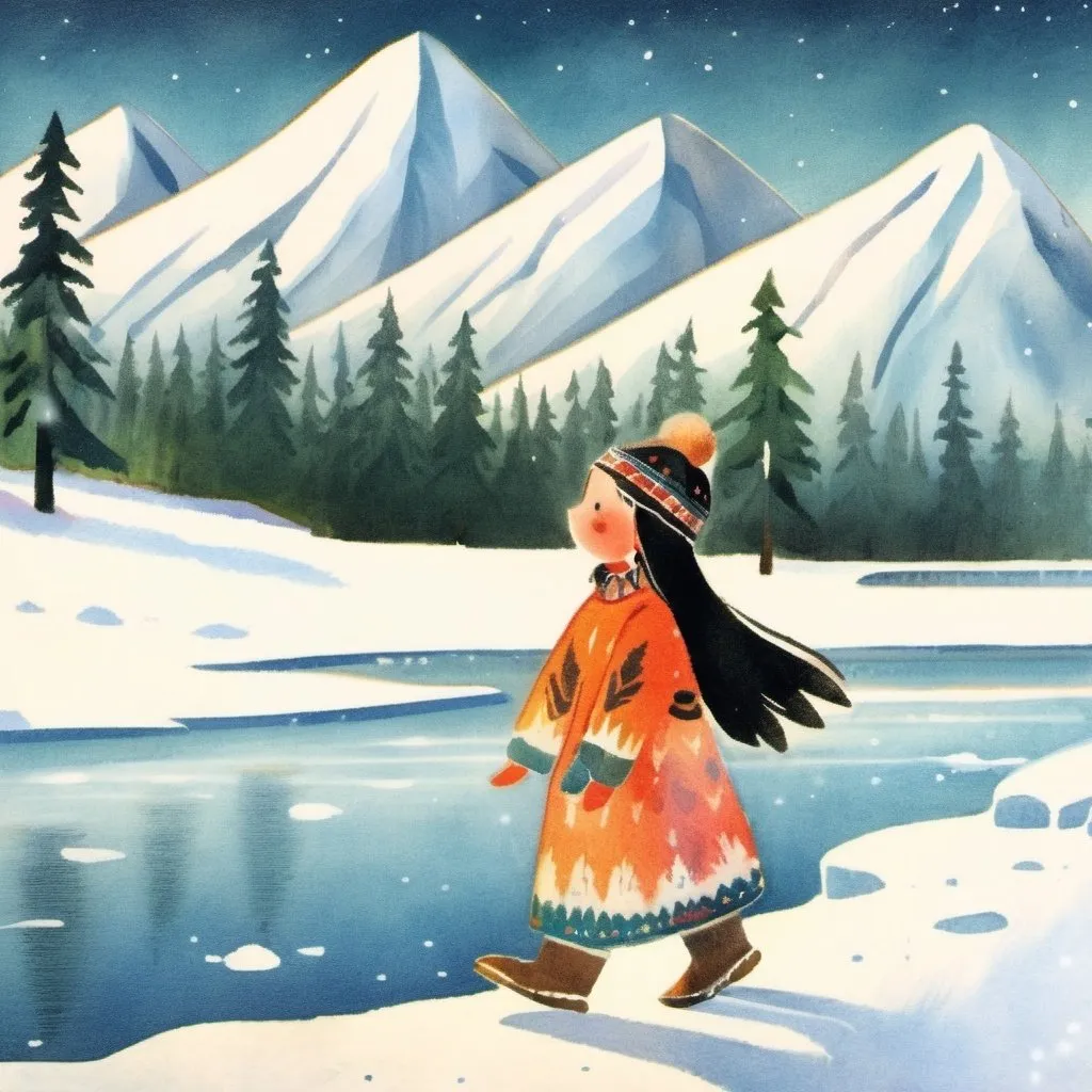 Prompt: A young alaskan native girl on the frozen tundra with long black hair wearing traditional clothing fur coat fur hat and mukluks walking with snowy mountains, an icy river and snowy spruce trees in the background 