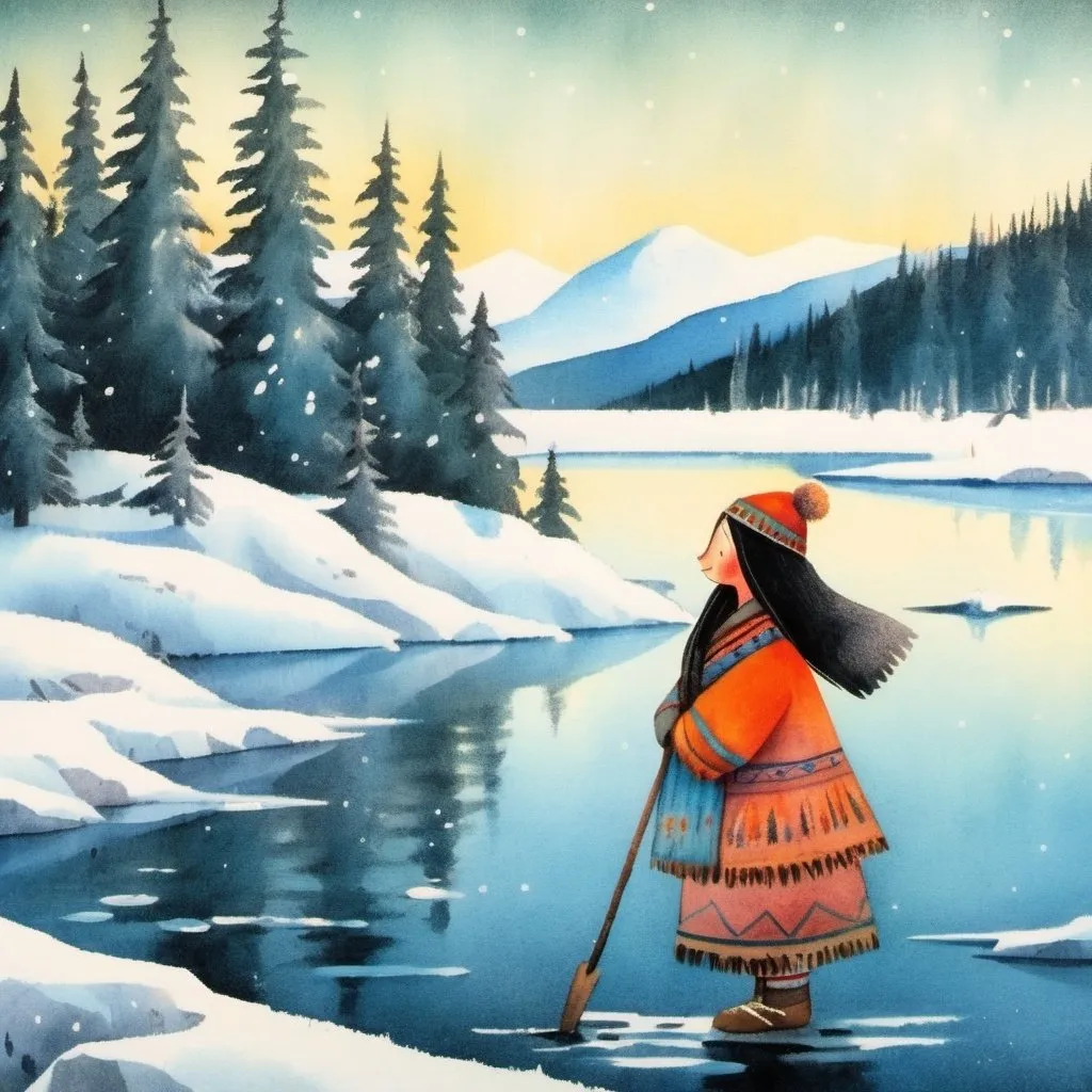 Prompt: A young alaskan native girl on the frozen tundra with long black hair wearing traditional clothing fur coat fur hat and mukluks walking with snowy mountains, an icy river and snowy spruce trees in the background 