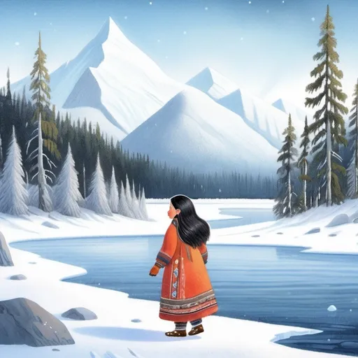 Prompt: A young alaskan native girl on the frozen tundra with long black hair wearing traditional clothing fur coat and mukluks walking with snowy mountains, an icy river and snowy spruce trees in the background 