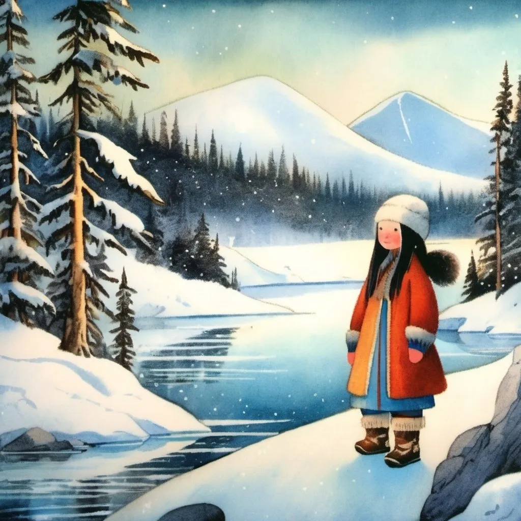 Prompt: A young alaskan native girl on the frozen tundra with long black hair wearing traditional clothing fur coat fur hat and mukluks walking with snowy mountains, an icy river and snowy spruce trees in the background 