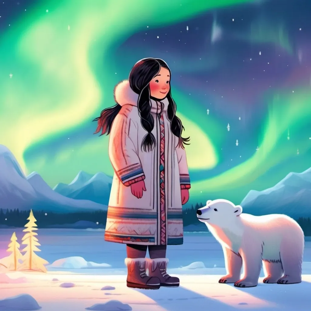 Prompt: A young alaskan native girl with long black hair wearing traditional clothing parka and mukluks standing under the northern lights with a polar bear cub companion