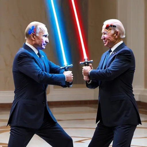 Prompt: Vladimir Putin and Joe Biden fights with light sabers, Putin saber is blue and Biden saber is red.