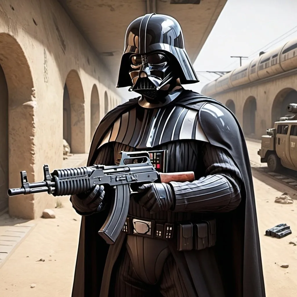 Prompt: darth vader playing counter strike global offensive with an ak 47 on map de_train being happy about the amount of the kills he has