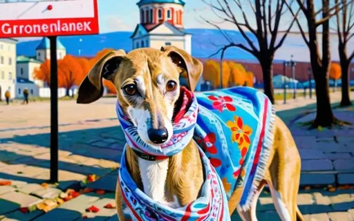 Prompt: a very large curious tan and white brindled whippet standing in a russian city square wearing a patterned kerchief and silk scarf and big hat + warm lighting + autumn colors + realistic