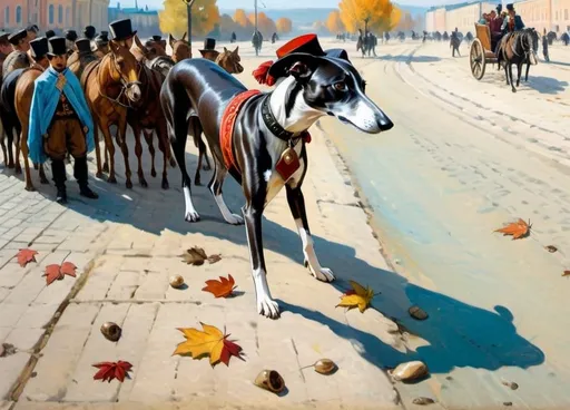 Prompt: a black and white whippet standing bravely in a russian city square wearing a top hat and cravat + warm lighting + autumn colors + realistic