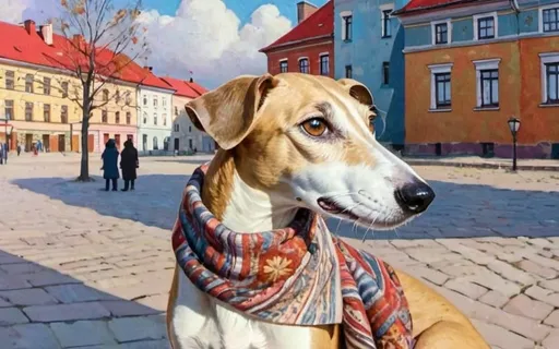 Prompt: a very large curious tan and white brindled whippet standing in a russian city square wearing a patterned kerchief and silk scarf and big hat + warm lighting + autumn colors + realistic