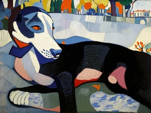 Prompt: a black and white dog laying on a bed with a blue kerchief on it's neck and a white pillow behind it, with red and orange trees in the background and a purple sky,  ‎André Derain, cubism, cubo-futurism, fauvism, handsome, a fine painting