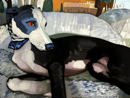 Prompt: a black and white dog laying on a bed with a blue kerchief on it's neck and a white pillow behind it, with red and orange trees in the background and a purple sky,  ‎André Derain, cubism, cubo-futurism, fauvism, handsome, a fine painting