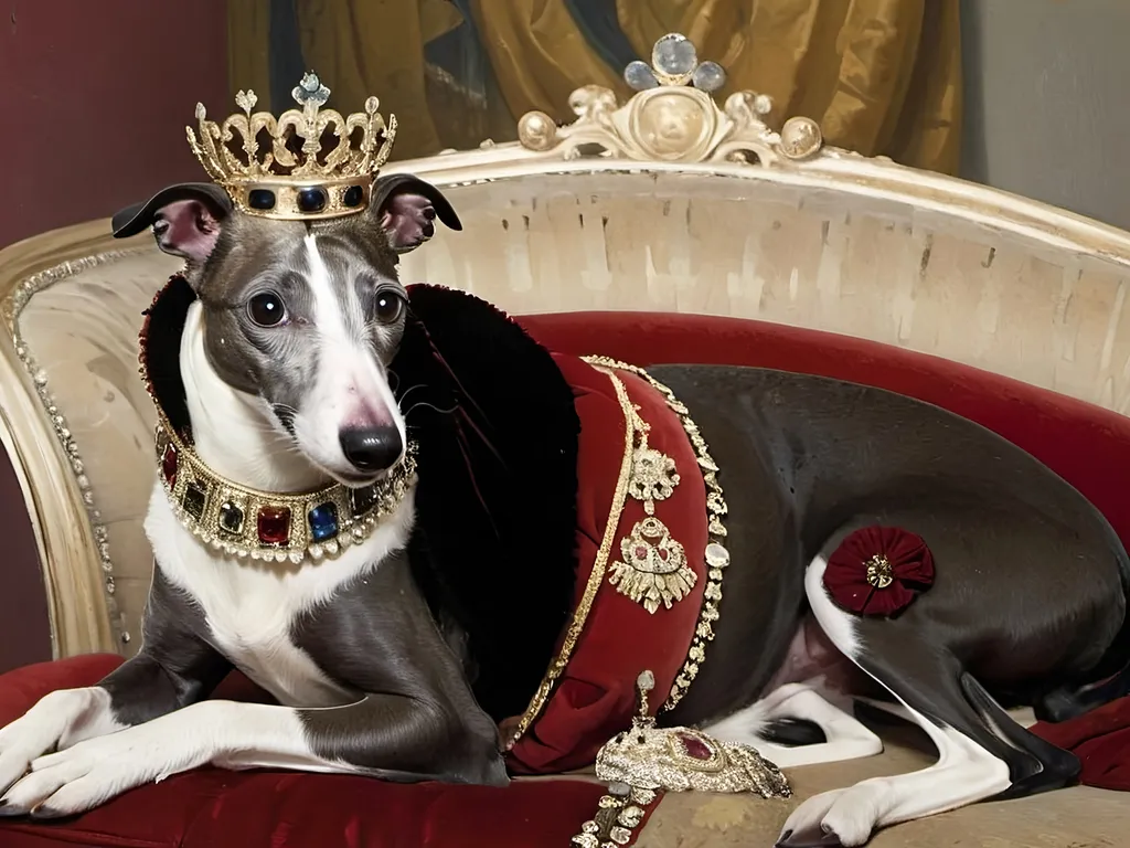 Prompt: A black and white whippet wearing a large jeweled ornamental crown on his head and a jeweled collar around his neck, sitting on a luxurious red couch. 