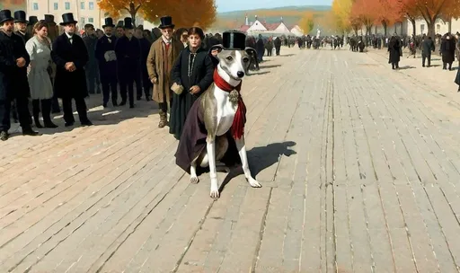 Prompt: a blck and white whippet standing bravely in a transylvanian city square wearing a top hat and cravat + cold lighting + autumn colors + realistic
