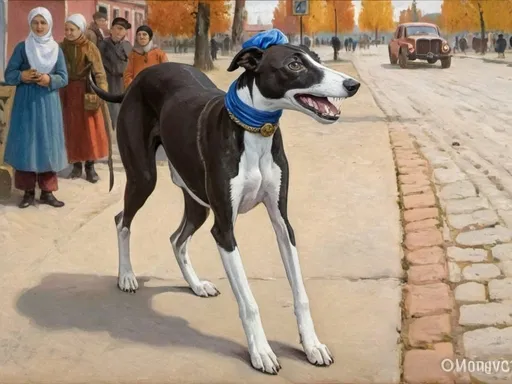 Prompt: a black and white whippet standing bravely in a russian village square wearing a blue turban and cravat + warm lighting + autumn colors + realistic