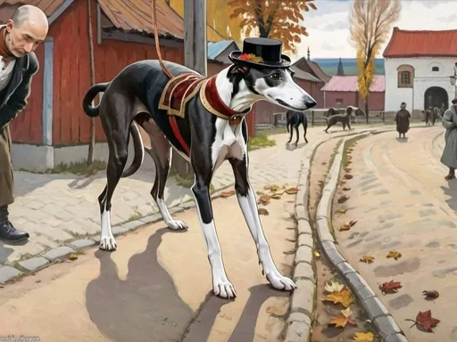 Prompt: a black and white whippet standing bravely in a russian village square wearing a top hat and cravat + warm lighting + autumn colors + realistic