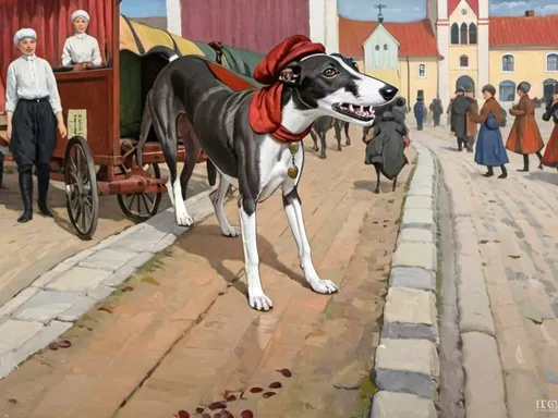 Prompt: a black and white whippet standing bravely in a russian village square wearing a stovepipe top hat and cravat + warm lighting + autumn colors + realistic