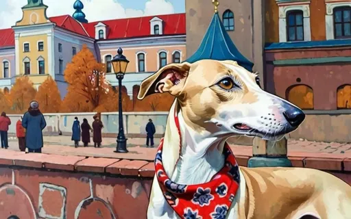 Prompt: a very large curious tan and white brindled whippet standing in a russian city square wearing a patterned kerchief and silk scarf and big hat + warm lighting + autumn colors + realistic