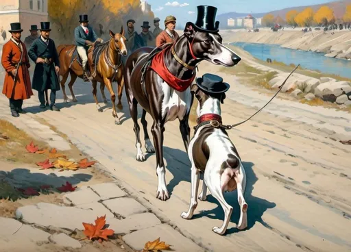 Prompt: a black and white whippet standing bravely in a russian city square wearing a top hat and cravat + warm lighting + autumn colors + realistic