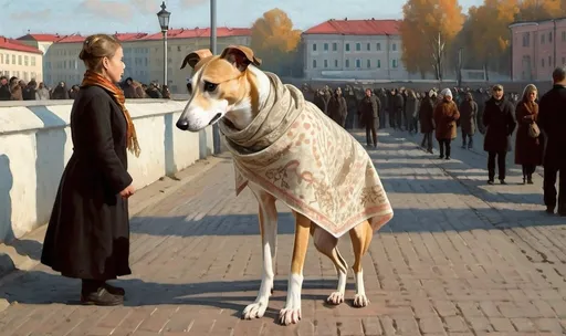 Prompt: a very large solitary tan and white brindled whippet standing in a russian city square wearing a patterned kerchief and silk scarf + warm lighting + autumn colors + realistic