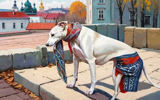 Prompt: a very large solitary tan and white brindled whippet standing in a russian city square wearing a patterned kerchief and silk scarf + warm lighting + autumn colors + realistic