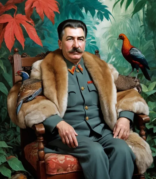 Prompt: Joseph Stalin sitting in a wooden chair, wearing a large fur coat and holding a large wild fowl in his lap, in front of a dense blue and green jungle with (giant red and tangerine colored leaves and flowers)