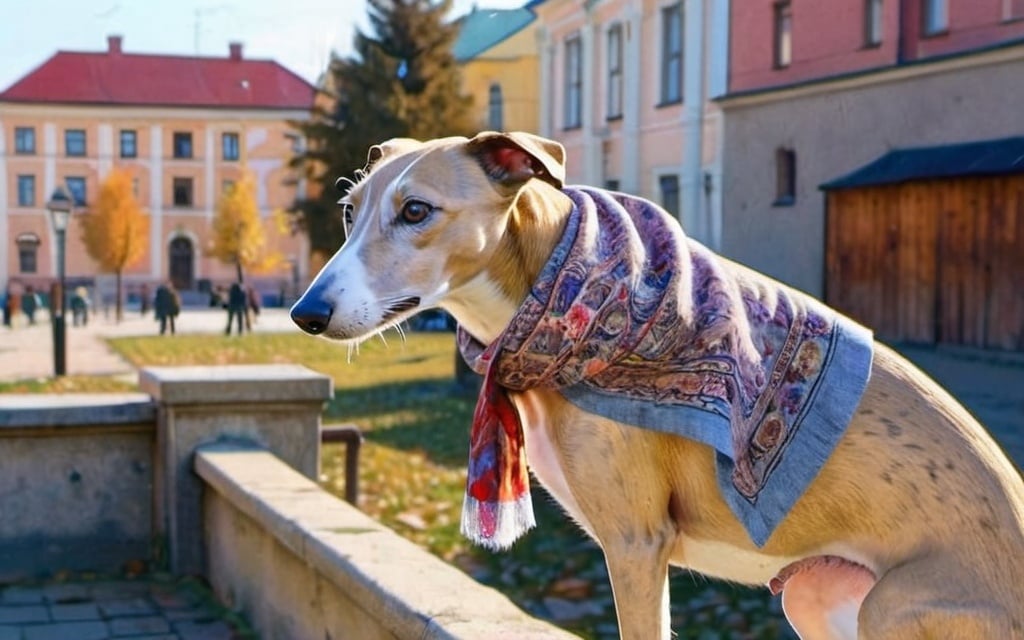 Prompt: a very large curious tan and white brindled whippet standing in a russian city square wearing a patterned kerchief and silk scarf + warm lighting + autumn colors + realistic