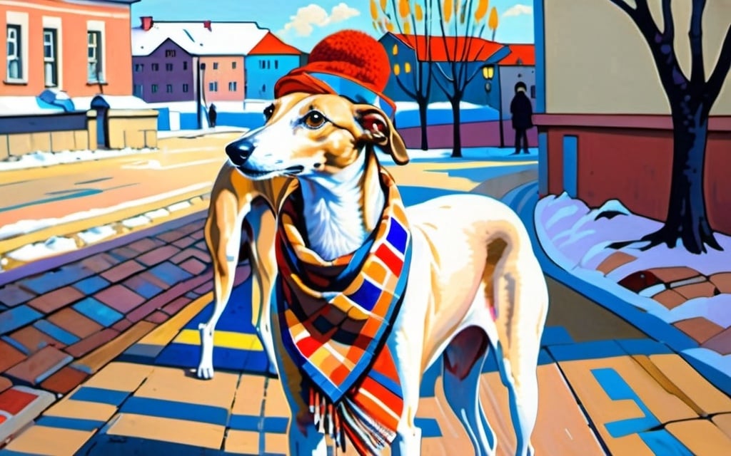 Prompt: a very large curious tan and white brindled whippet standing in a russian city square wearing a patterned kerchief and silk scarf and big hat + warm lighting + autumn colors + realistic