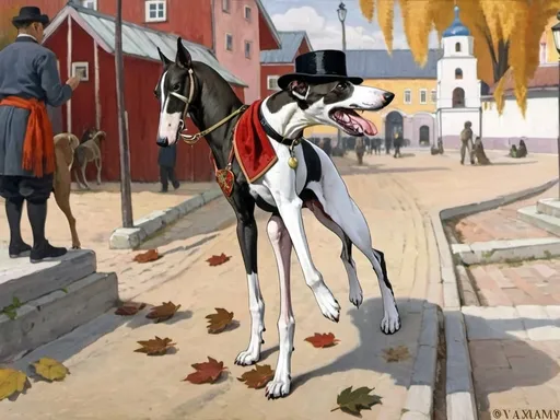 Prompt: a black and white whippet standing bravely in a russian village square wearing a stovepipe top hat and cravat + warm lighting + autumn colors + realistic