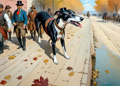 Prompt: a black and white whippet standing bravely in a russian city square wearing a large top hat and cravat + warm lighting + autumn colors + realistic