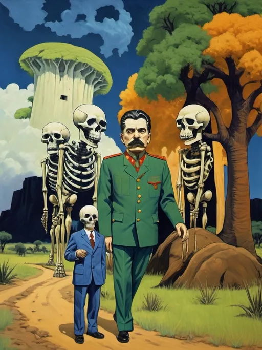 Prompt: Josef Stalin (wearing a green suit), (surrounded by two living skeletons), imposing baobab trees towering in the background, zebras grazing peacefully amidst the rugged landscape, (dramatic, stormy dark blue sky) looms overhead, high contrast colors, surreal atmosphere with tension, (highly detailed), cinematic quality, (semi-realistic setting), intriguing juxtaposition of life and death, intense mood.