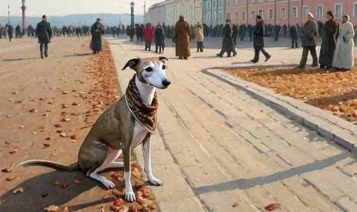 Prompt: a solitary tan and white brindled whippet standing in a russian city square wearing a patterned kerchief and silk scarf + warm lighting + autumn colors + realistic