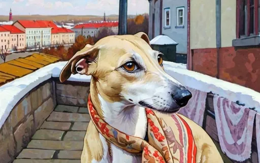 Prompt: a very large curious tan and white brindled whippet standing in a russian city square wearing a patterned kerchief and silk scarf + warm lighting + autumn colors + realistic