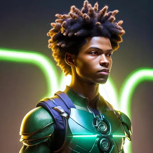Prompt: whole body, realistic digital art, young male mutant, floating in the air, waring emerald and space punk, a flower insignia glowing on face, using cosmic powers,  waist up, posing, afro American, black hair, long dreads, his hair is shorter on the sides, light stubble, using powers , dark skin, handsome, beautiful glowing eyes,  flying pose,